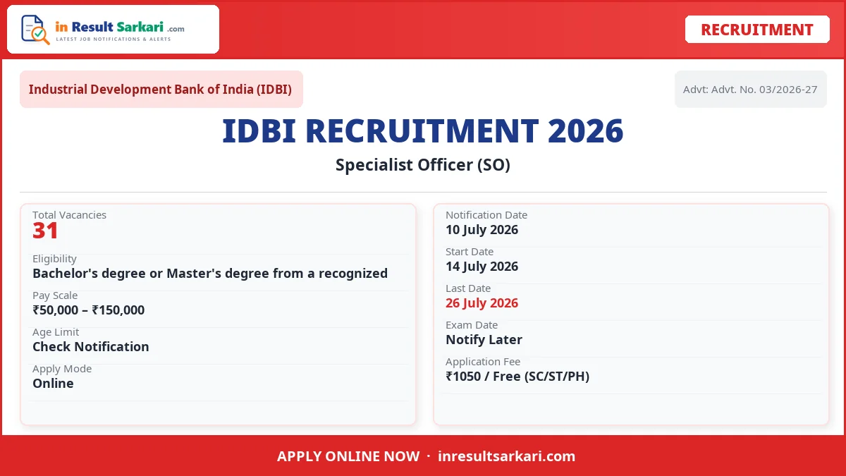 Idbi bank specialist officer so online form 2026 – last date today - inresultsarkari. Com