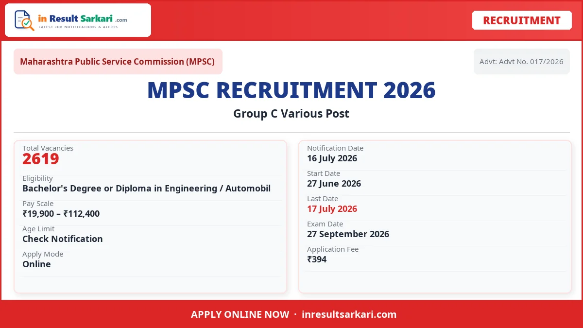 Mpsc group c various post online form 2026 - inresultsarkari. Com
