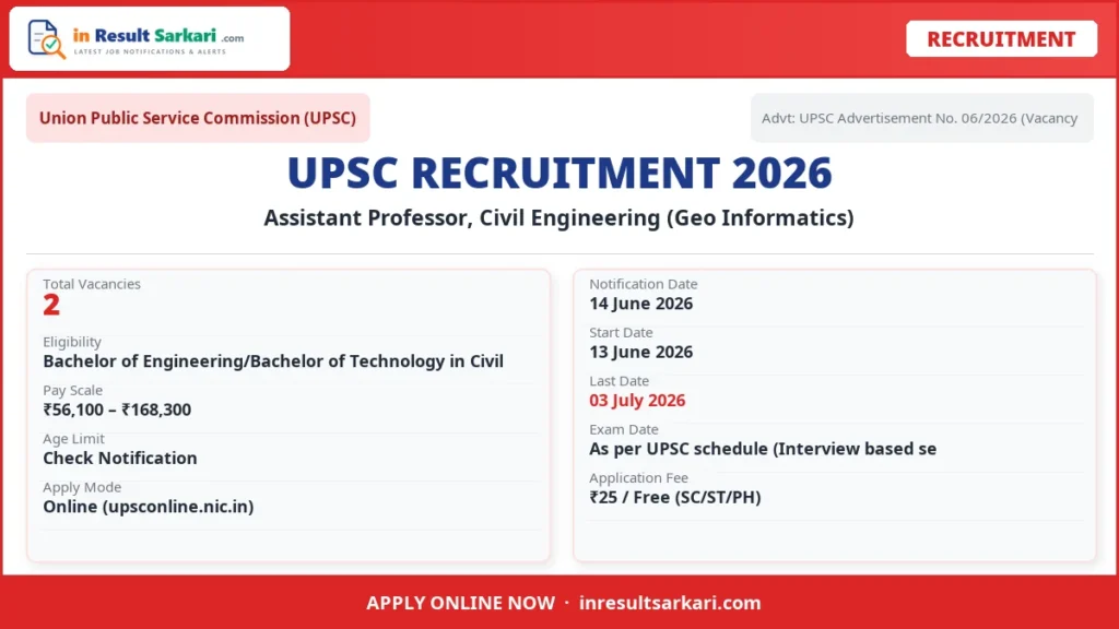 Upsc Assistant Professor, Civil Engineering (Geo Informatics) Recruitment 2026 – 2 Vacancy, Apply Online Upsc assistant professor, civil engineering (geo informatics) recruitment 2026 – 2 vacancy, apply online