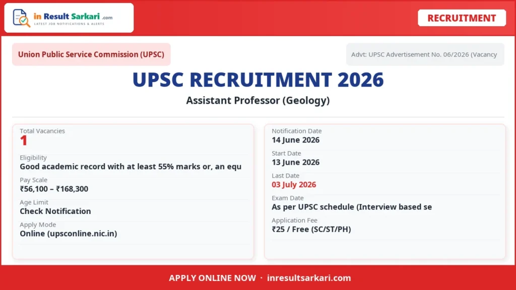 Upsc assistant professor (geology) recruitment 2026 – 1 vacancy, apply online