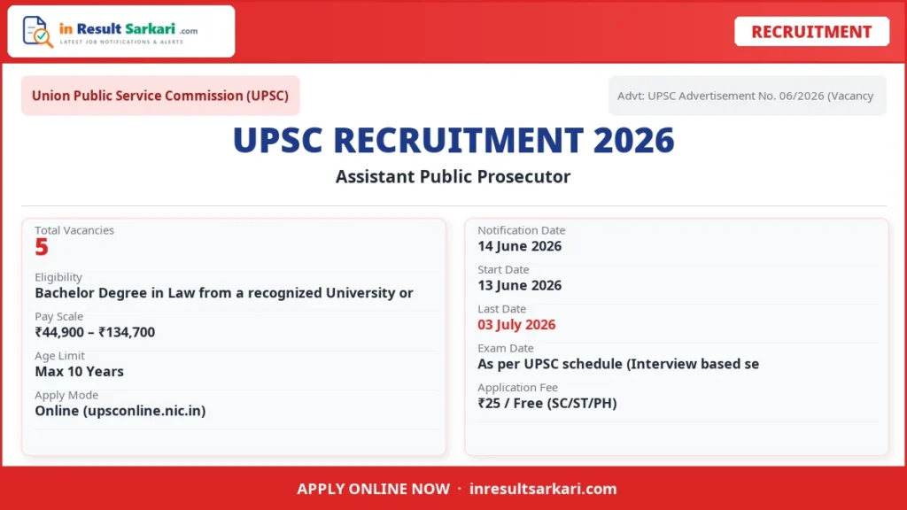 Upsc Assistant Public Prosecutor Recruitment 2026 – 5 Vacancy, Apply Online Upsc assistant public prosecutor recruitment 2026 – 5 vacancy, apply online