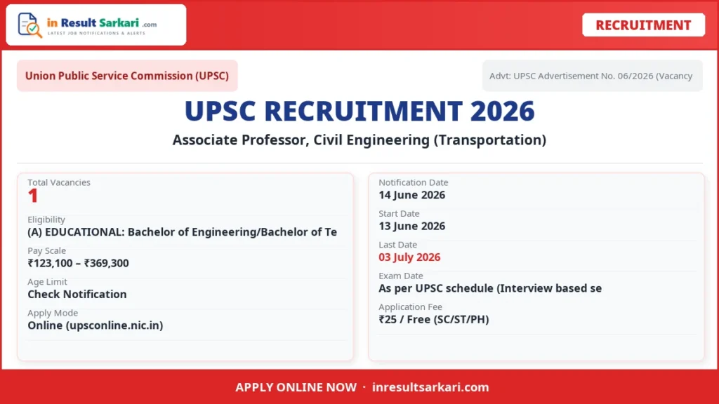 Upsc Associate Professor, Civil Engineering (Transportation) Recruitment 2026 – 1 Vacancy, Apply Online Upsc associate professor, civil engineering (transportation) recruitment 2026 – 1 vacancy, apply online