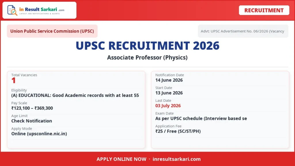 Upsc associate professor (physics) recruitment 2026 – 1 vacancy, apply online