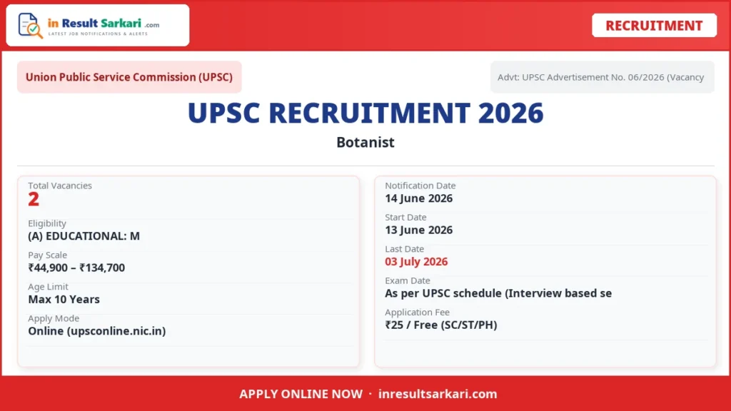 Upsc botanist recruitment 2026 – 2 vacancy, apply online