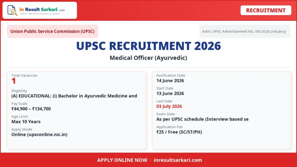 Upsc medical officer (ayurvedic) recruitment 2026 – 1 vacancy, apply online