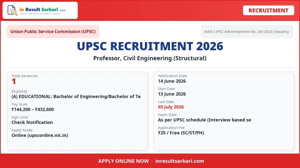 Upsc professor, civil engineering (structural) recruitment 2026 – 1 vacancy, apply online