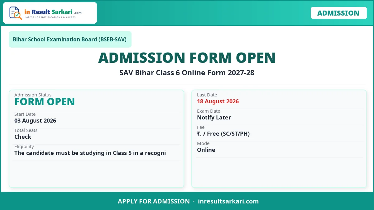 SAV Bihar Class 6 Online Form 2027-28 - inresultsarkari.com